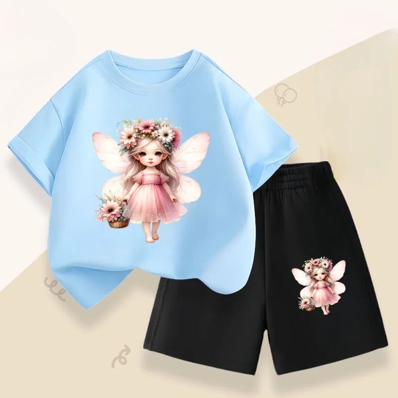 Cute Angel stampato estate nuovo stile ragazza top a maniche corte pantaloncini 2 pezzi set bambini abiti casual bambini vestiti da spiaggia traspiranti