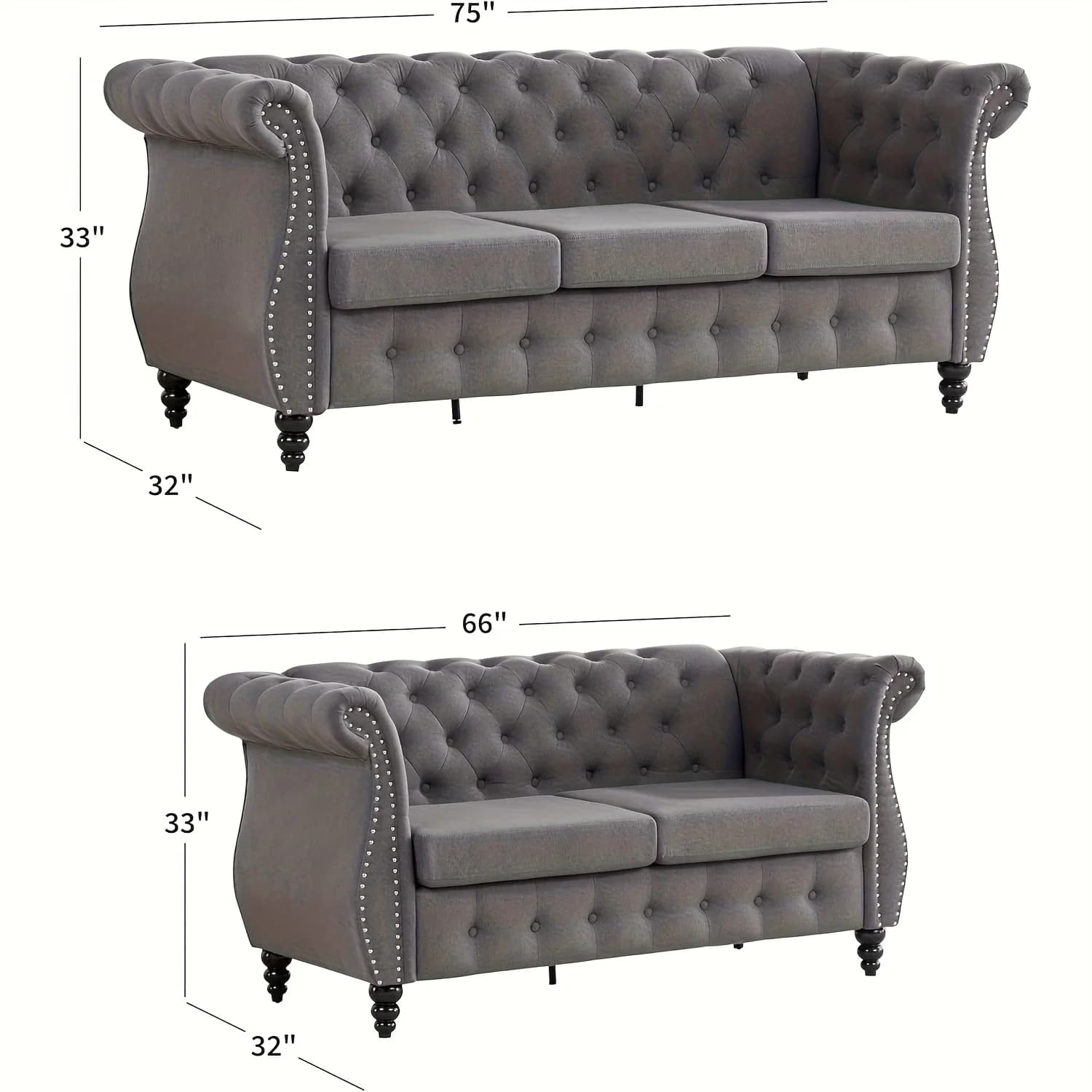 Divano Chesterfield da 66'' - Divano Imbottito per Sala Giochi con Schienale Trapuntato, Gambe in Legno Vintage e Finiture con Borchie, Reclinabile Grigio per Sala Giochi
