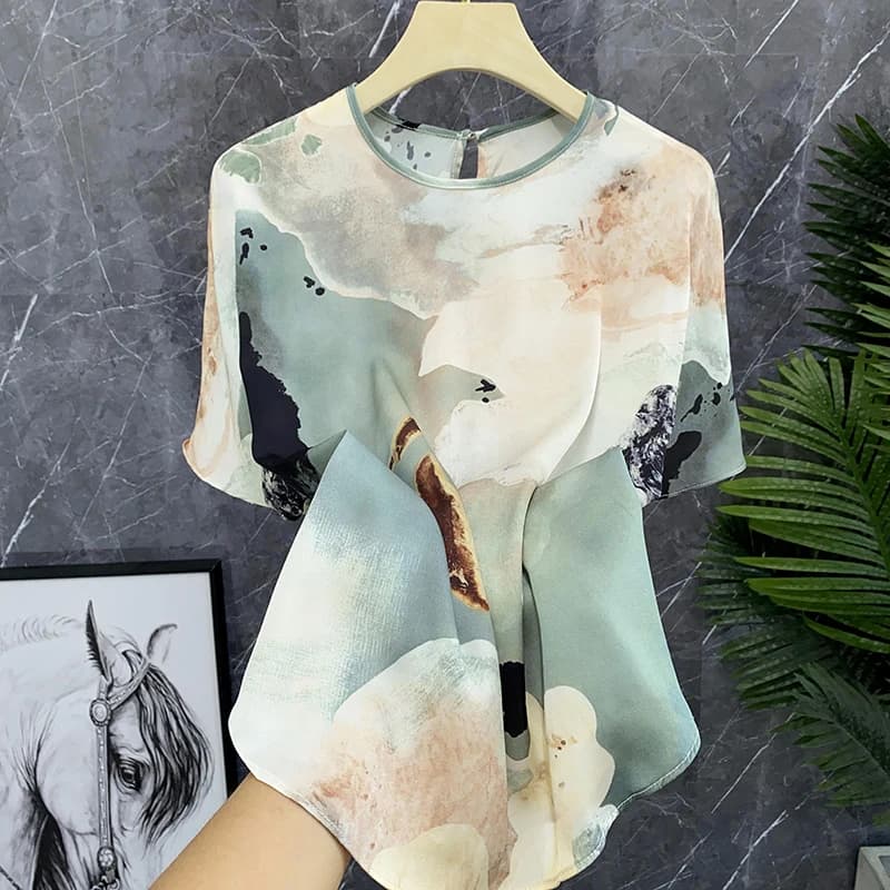 Ele Floral Silk Satin Blouse Women's Top Retro Red Domestic 5K Floral Print round Ne ort Sve Commute Sle