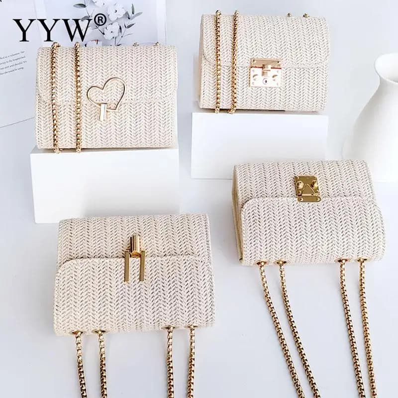 Estate paglia grano Eco Friendly pochette moda piazza donna morbida borsa in pelle PU portafoglio catena in metallo tracolla Tote