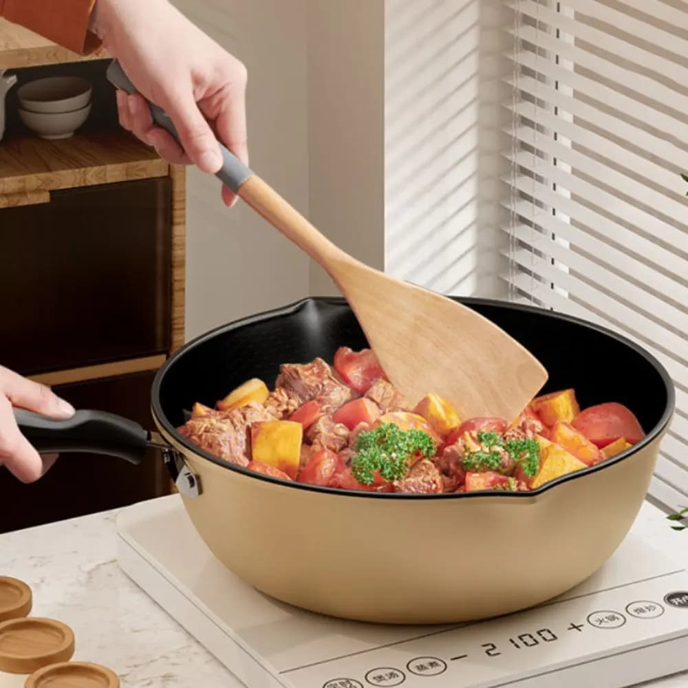 Padella Antiaderente a Nido d'Ape con Doppie Porte di Drenaggio, Wok Profondo Leggero con Coperchio per Cucinare sul Fornello
