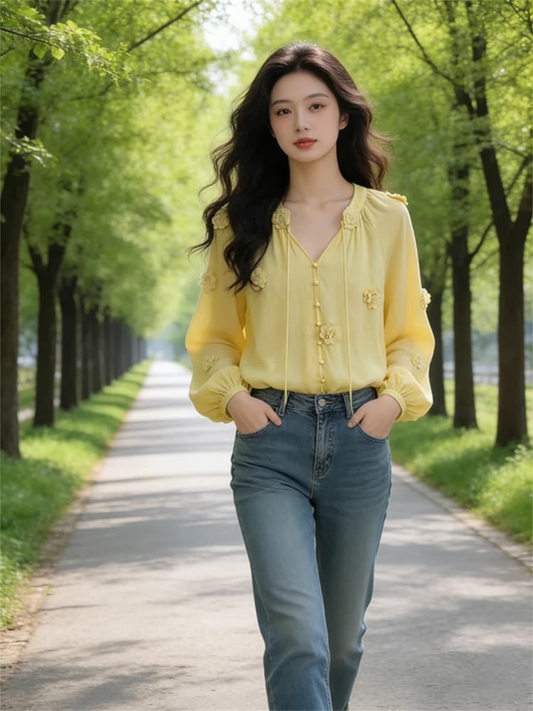Yellow Belted Long Sleeve Women's Shirt Spring Autumn Gentle Style Design Sensation Versatile Top Quality Ladies Fashion