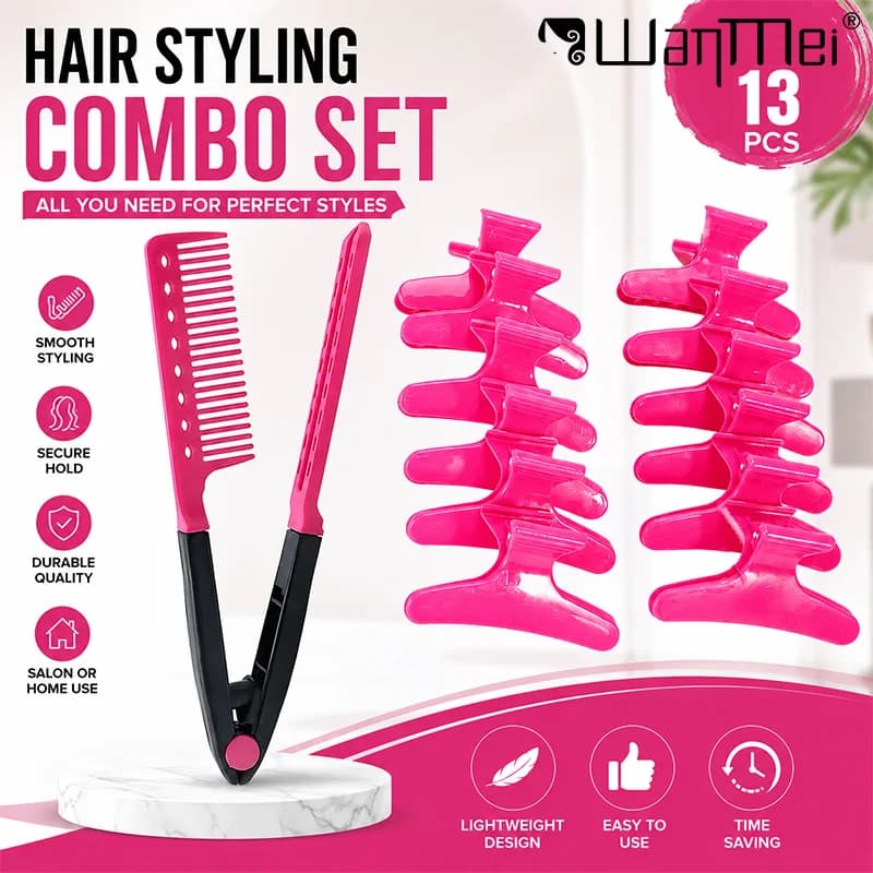 Hair styling kit from 13 pieces, V comb to iron hair with fastening clip, professional tools for hairdressers, salon accessories