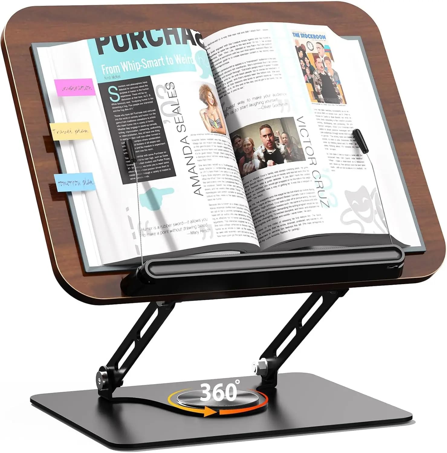 Supporto regolabile per libri con rotazione a 360° ° Base Girevole Pieghevole per Libri di Cucina, Libri di Testo, Tablet, Laptop in Legno Scuro