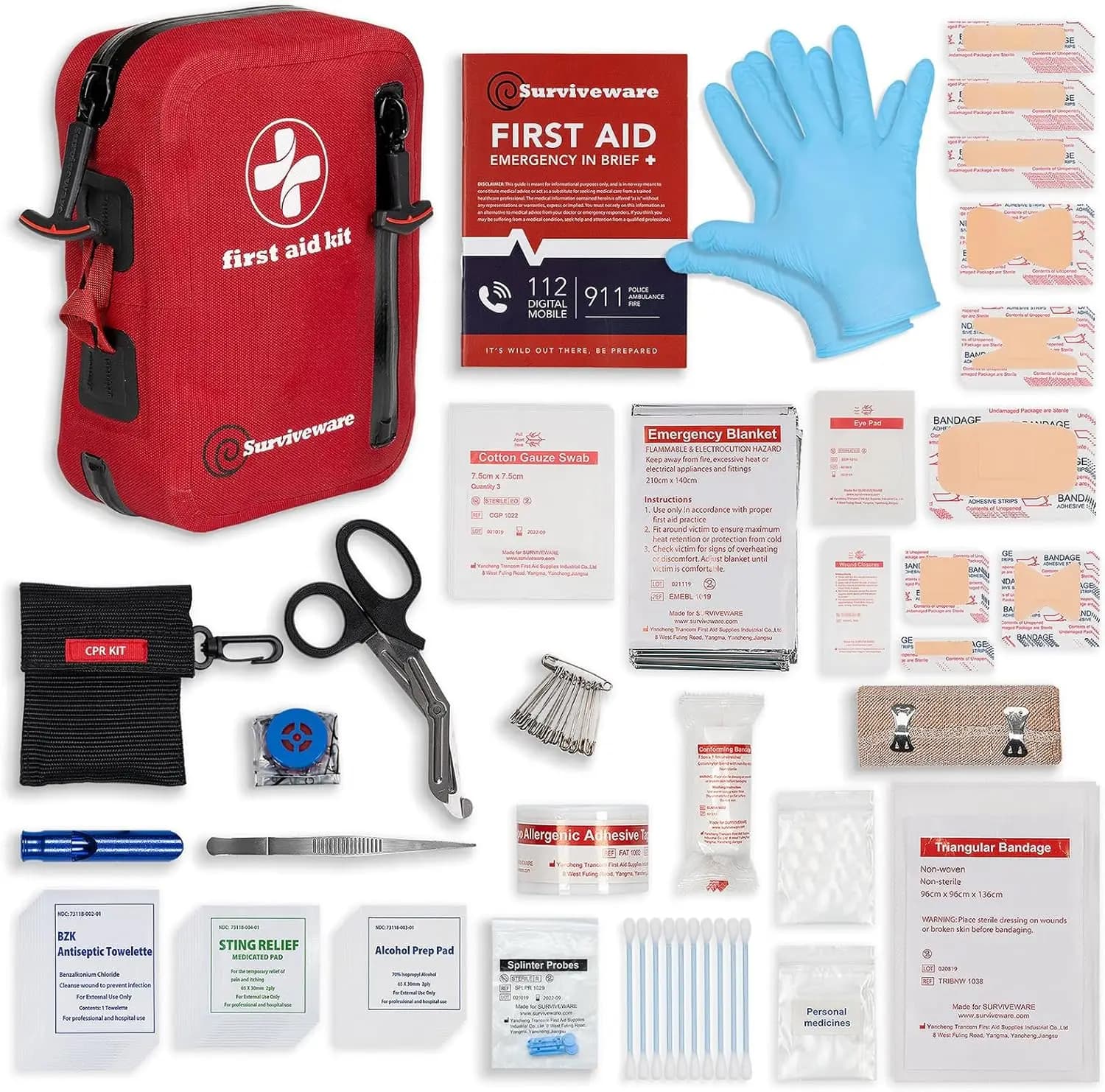 Kit di Pronto Soccorso e Sopravvivenza Premium Impermeabile da 98 Pezzi per Campeggio, Escursionismo, Backpacking e Avventure all'Aperto