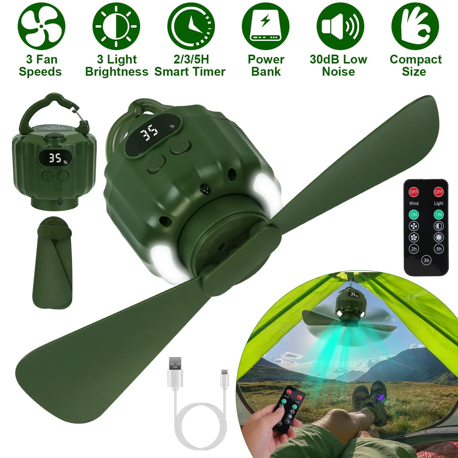 5200mAh 10400mAh 3-in-1 Camping Fan LED Lantern Power Bank 3 Speed Wind 3 Bright Light 2/3/5H Timer Quiet Hanging Tent Fan With Remote Detachable Blades Outdoor Portable Fan Green