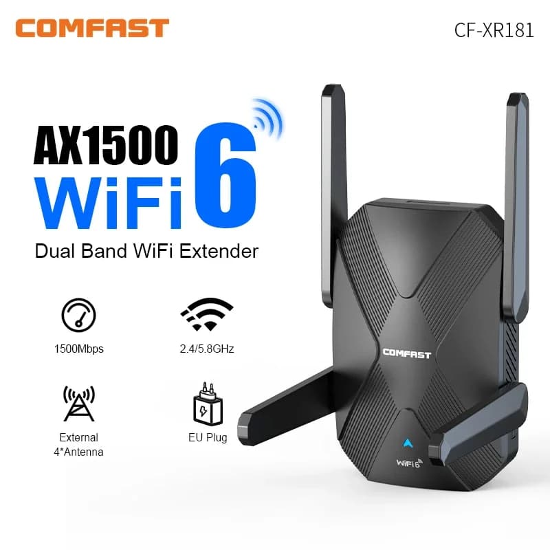 COMFAST AX1500 Ripetitore WiFi 6, Amplificatore di Segnale 5G a Lungo Raggio con 4 Antenne, Extender WiFi 6 Gigabit, Ripetitore Potente