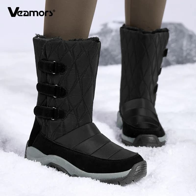 Women Mid‑Calf Winter Snow Boots Warm Anti‑Slip Hiking Boots Thick Sole Wear-resistant Outdoor Plush Boots Ladies Cotton Shoes