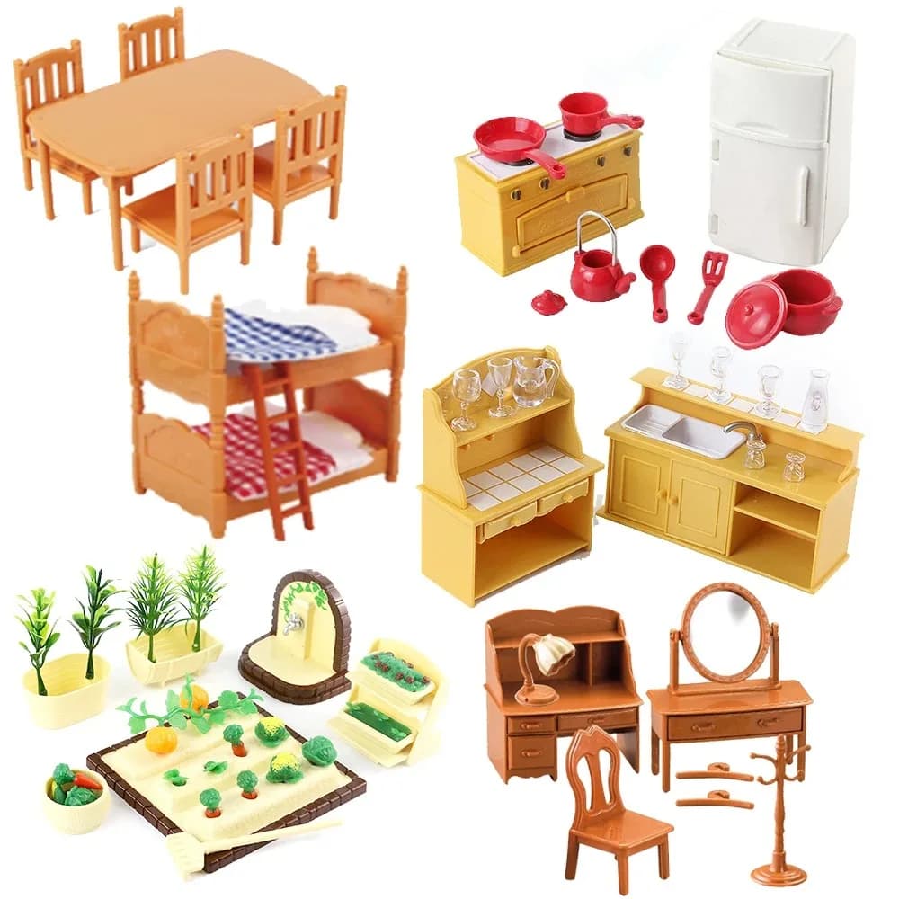 Famiglia di animali della foresta Mobili per case delle bambole 1/12 Giocattoli in miniatura Ragazza Bambole Accessori Camera da letto Bagno Kit casa delle bambole per bambole