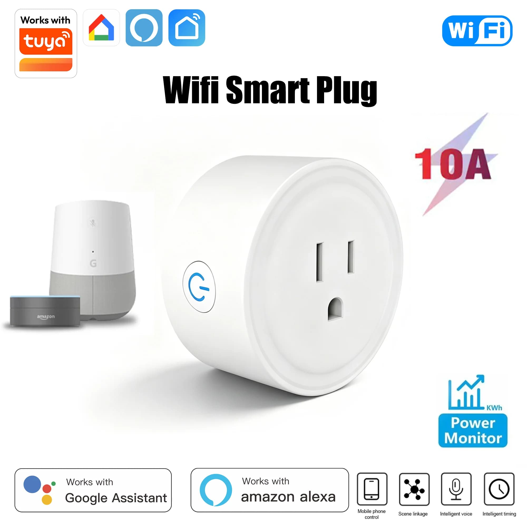 Presa Intelligente WiFi Tuya, Presa USA 10A, Controllo Remoto tramite App, Timer, Monitoraggio Energetico, Compatibile con Alexa e Google Home