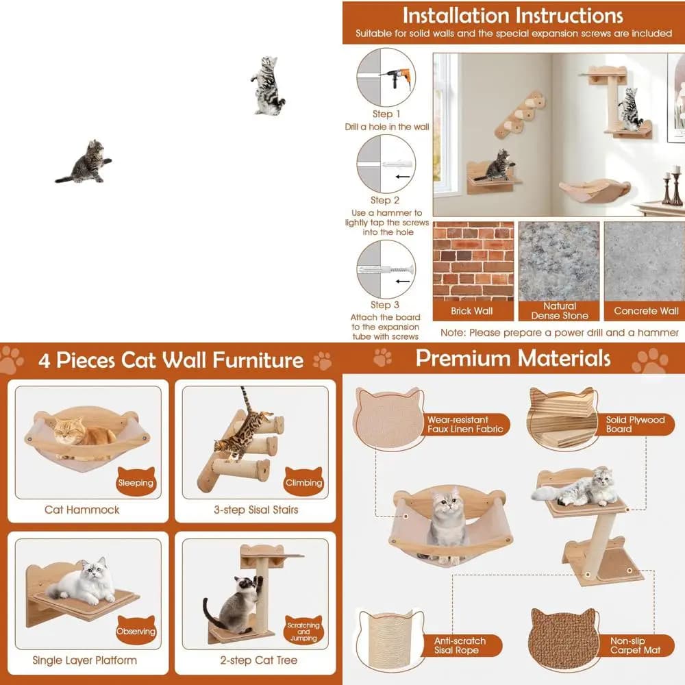 Set di 4 Mensole da Parete in Legno per Gatti con Amaca, Albero a 2 Livelli, Cuscinetti Antiscivolo, Scale in Sisal e Tiragraffi, Gradini per Gatti (Na