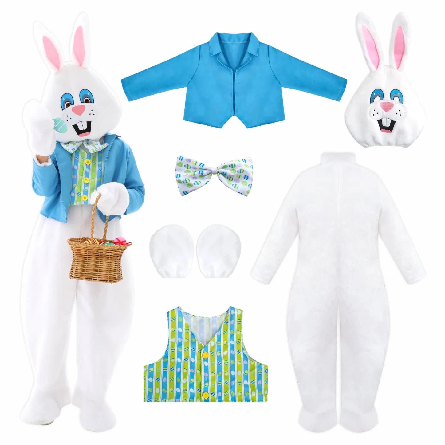 Easter Bunny Mascot Costume Full Set with Blue Jacket Vest Bow Tie for Adults
