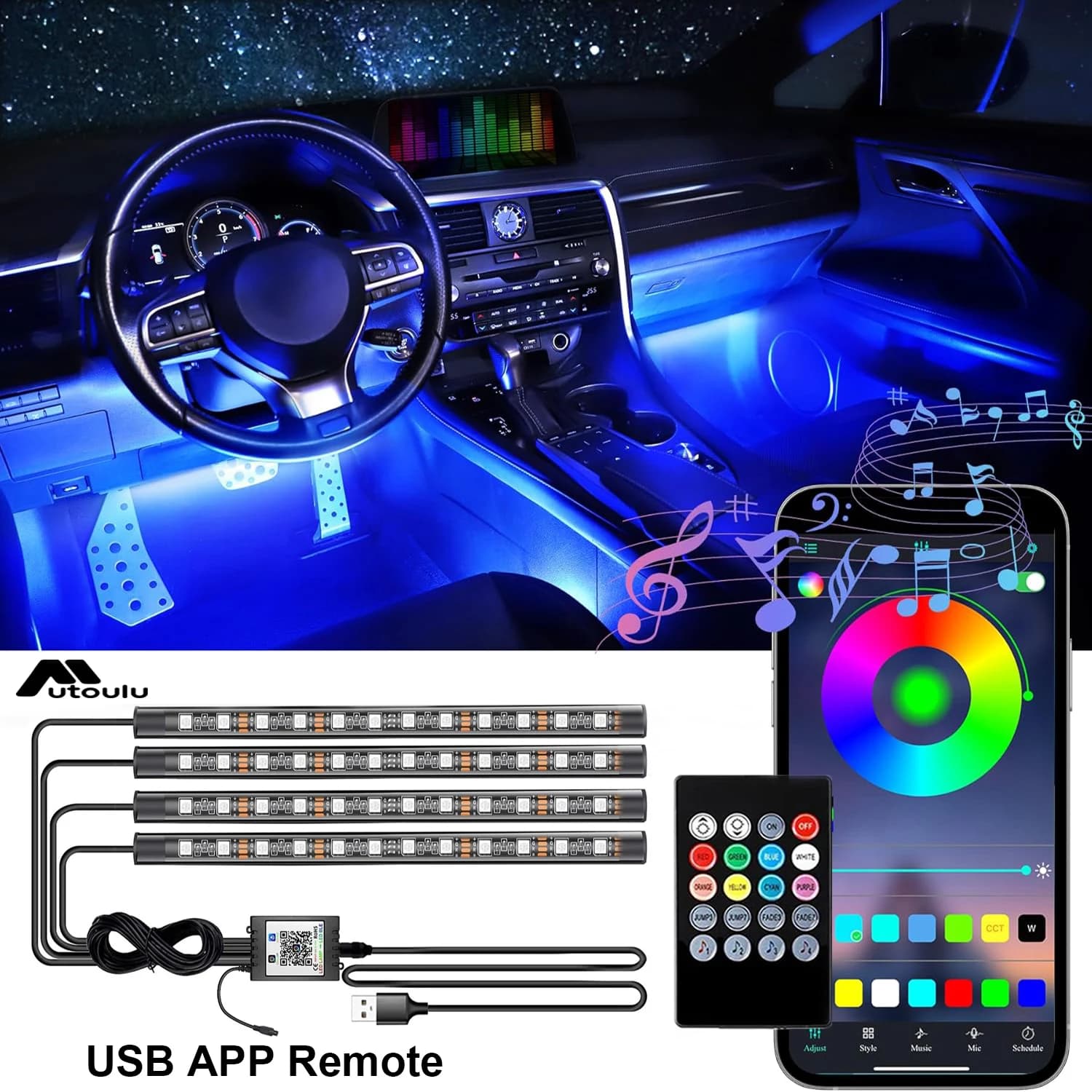 48LED RGB Ambient Light LED Car Foot Strips with USB Cigarette Automotive Interior Remote App Music Control Decorative Lamps