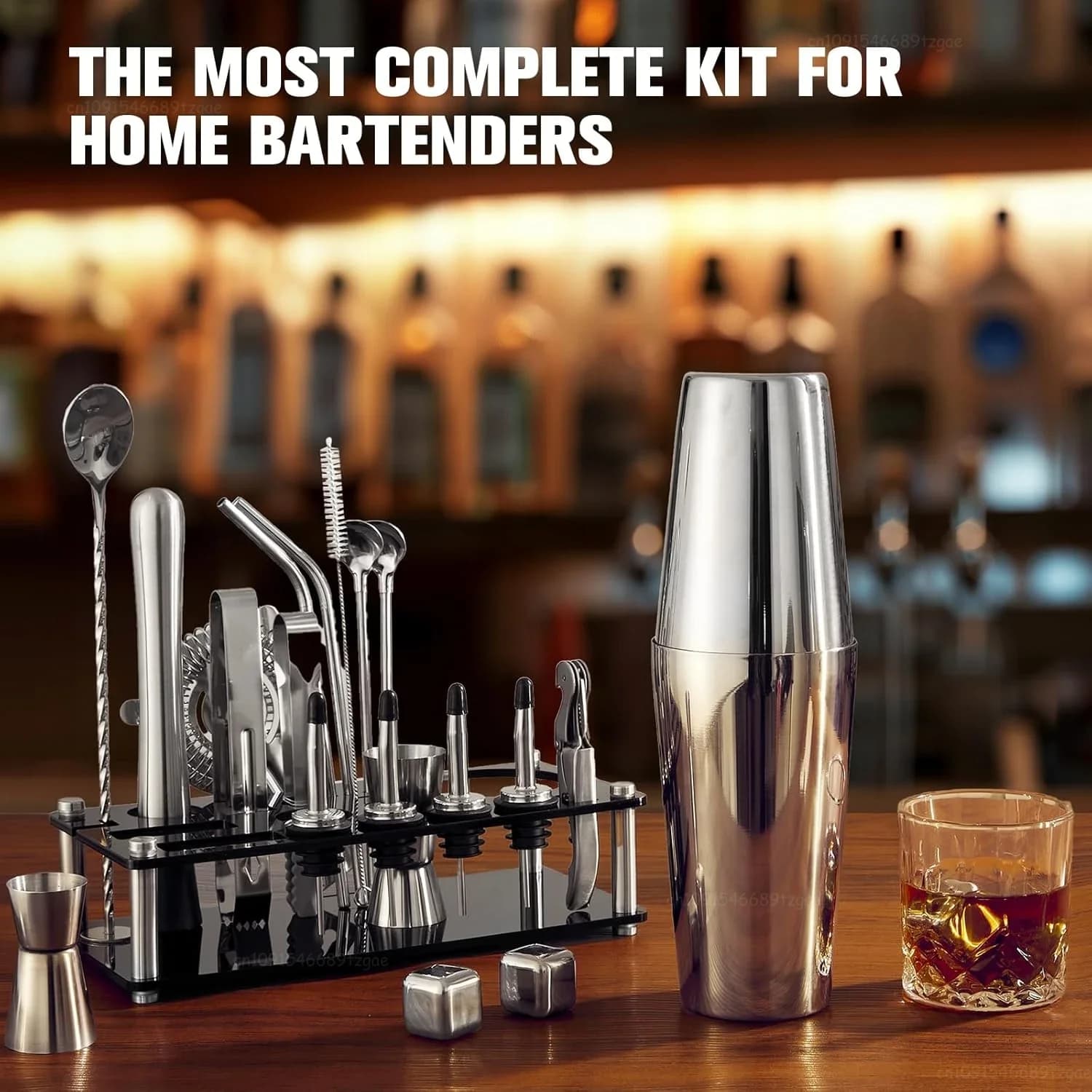 Set Shaker per Cocktail in Acciaio Inox 23 Pezzi, Kit da Barman con Supporto in Acrilico, Strumenti Professionali per Miscelare Bevande, per Casa, Bar, Feste