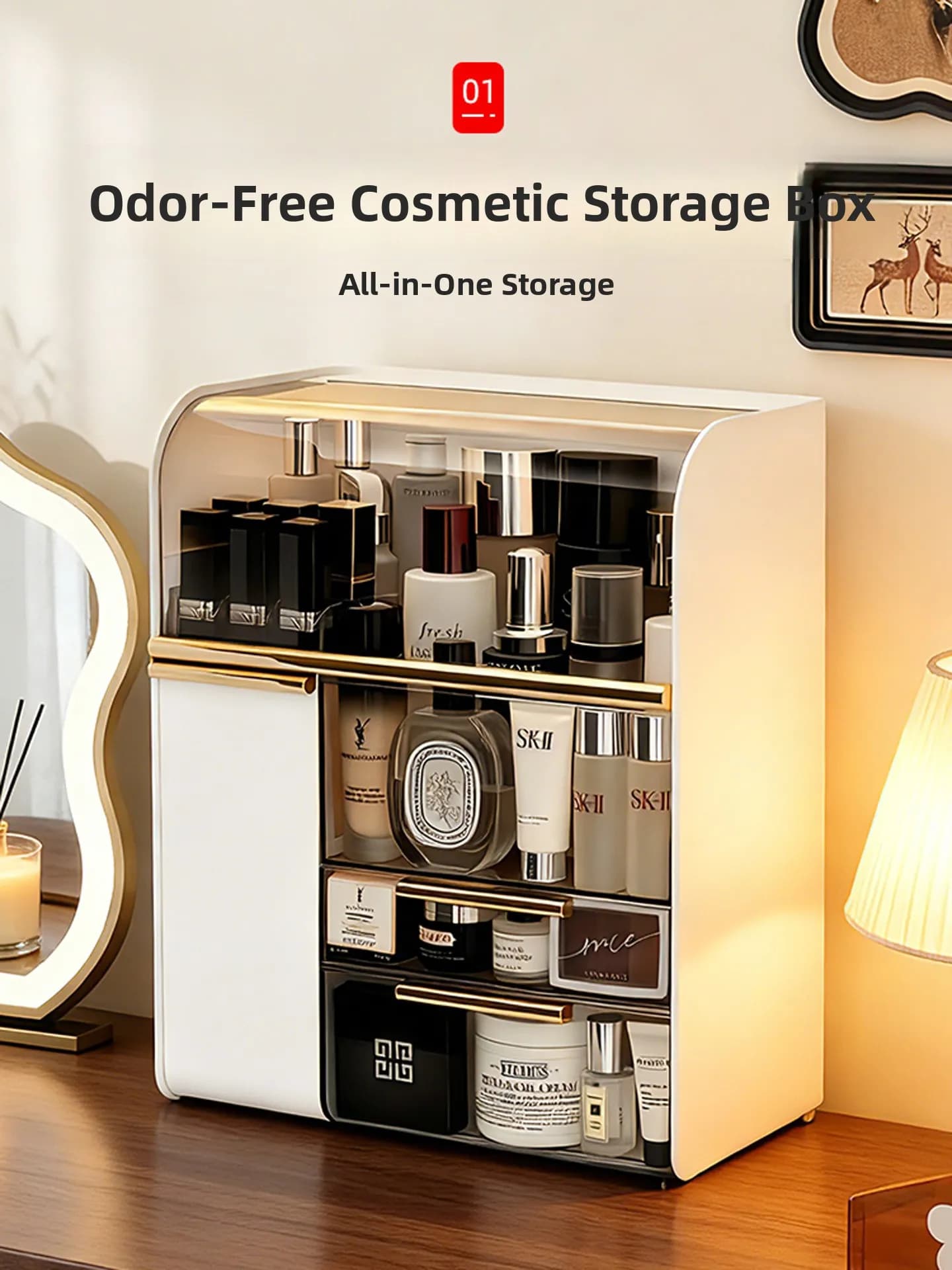 Cosmetic desk box, advanced skincare product holder, lipstick organizer and makeup brush, square box with plastic cover