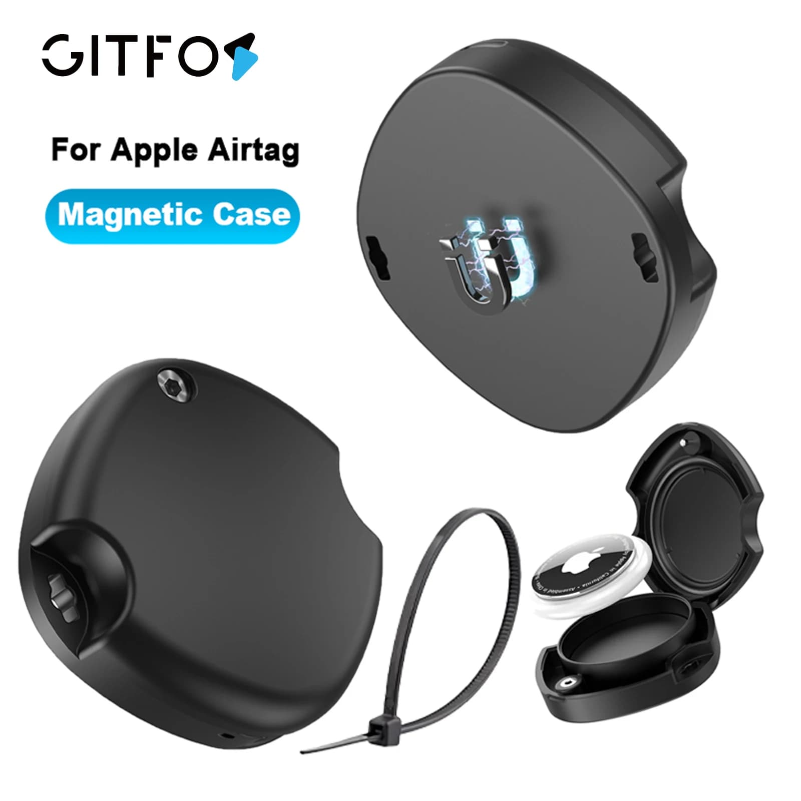 GITFOS Custodia magnetica resistente per Airtag Air Tag Supporto magnetico impermeabile adesivo con fascetta per cavi Custodia protettiva per Airtag