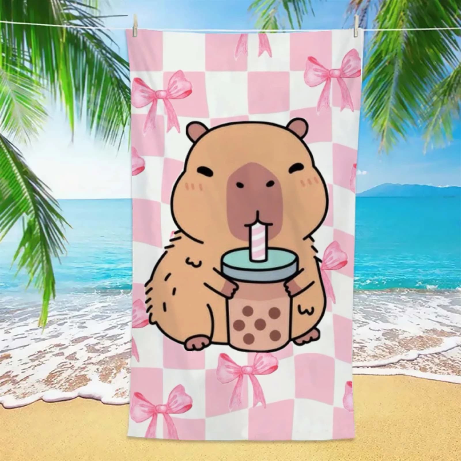 Telo Mare Capybara Dolce 1 pz Rosa a Quadretti con Stampa Fiocco, Morbido e Assorbente per Spiaggia Piscina Viaggi, Essenziali Estivi per Ragazze