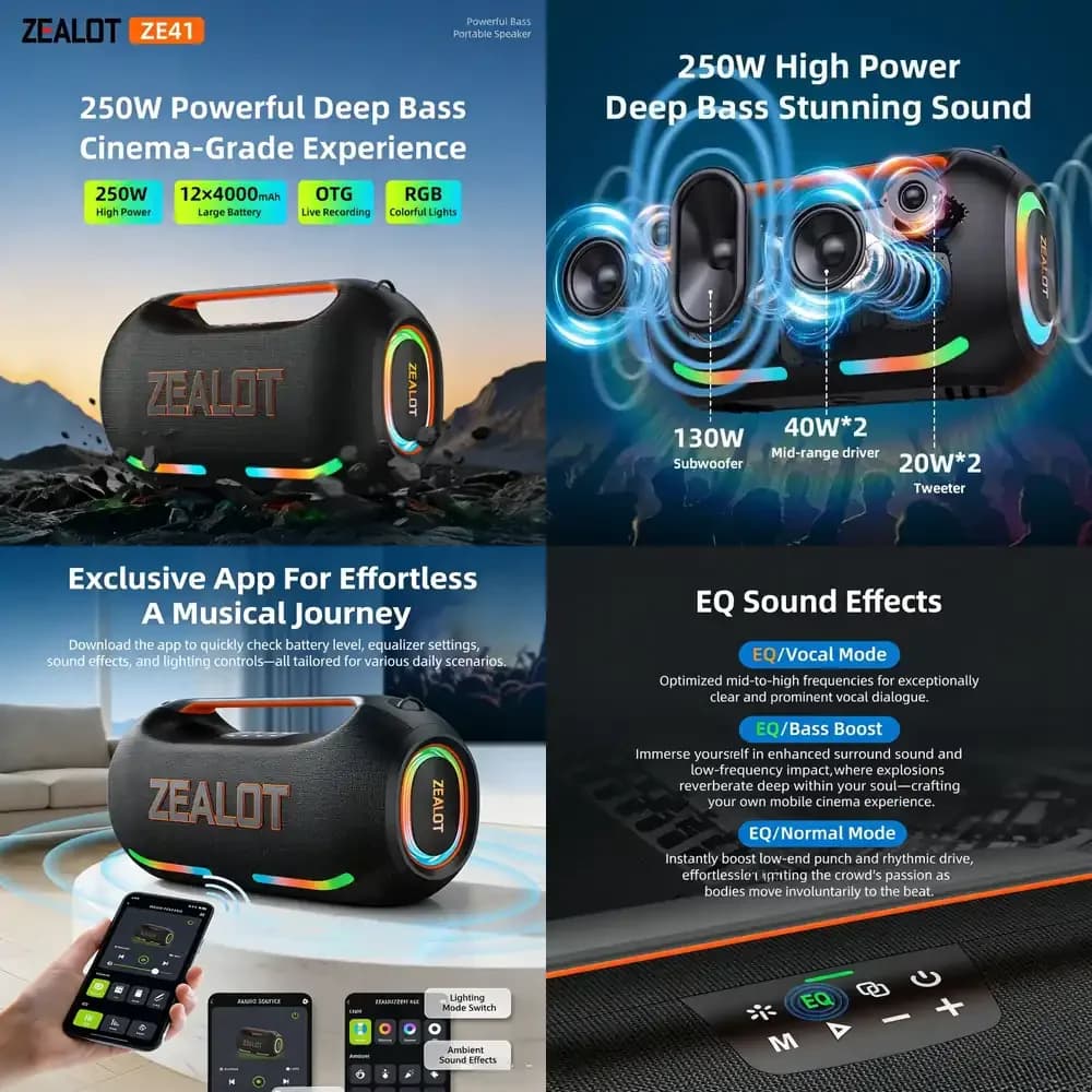 Altoparlante Bluetooth Portatile Originale da 250W per Feste all'Aperto, Sistema Audio DJ con Bassi Potenti, Lunga Durata della Batteria, Impermeabile