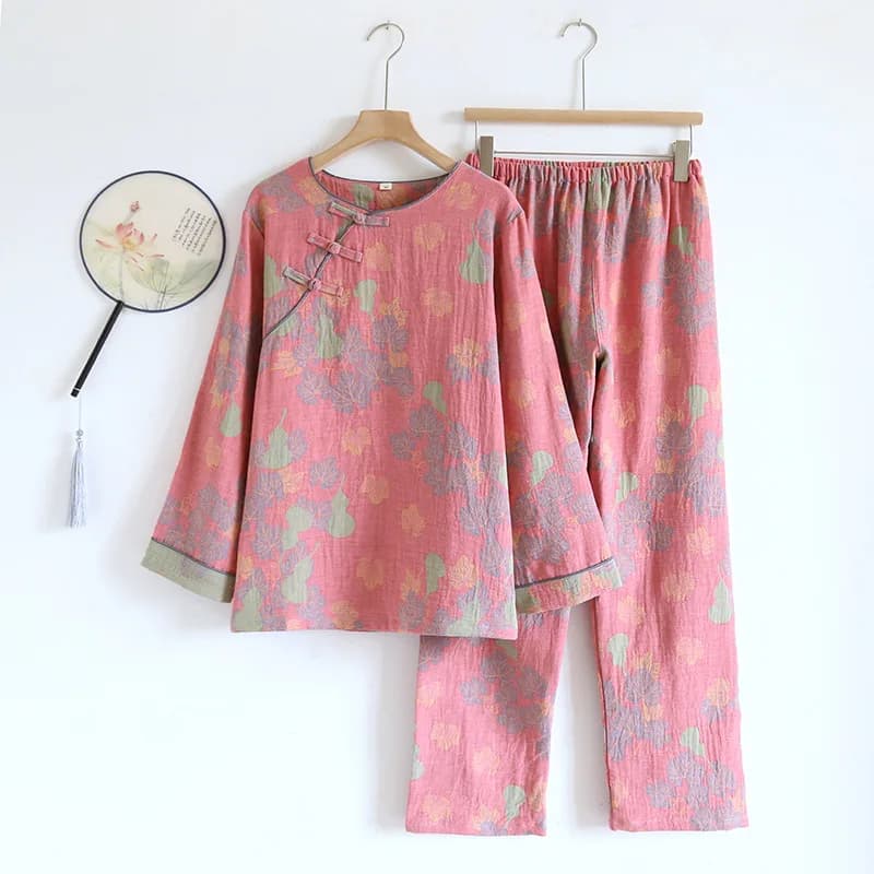 Chinese Retro Style Round Neck Pajamas for Women Buckle Long Sleeve Trousers Loungewear Yarn-dyed Jacquard Cotton Home Clothes