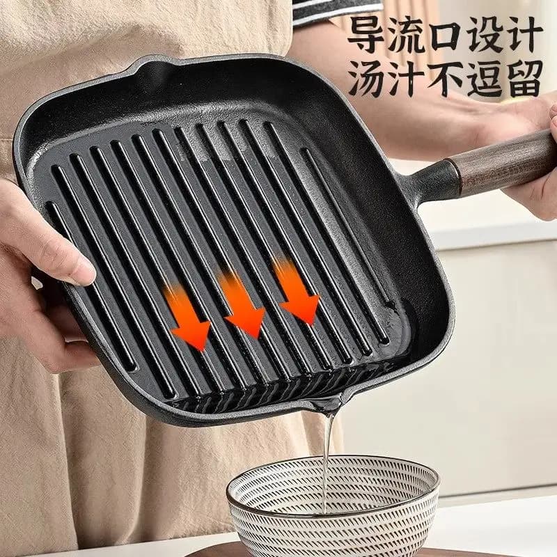 Cast iron pan, steak pan, striped pan for breakfast, non-coated flat bottom non-stick pan for domestic use
