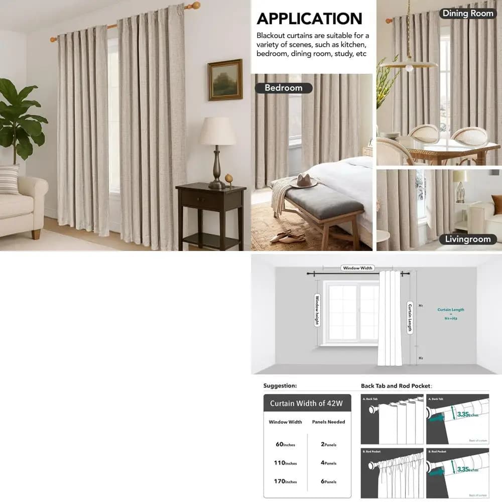 Thermal-sulated linen curtains, 52x72, 2 panels, noise reduction, 3-way suspension options for home decoration