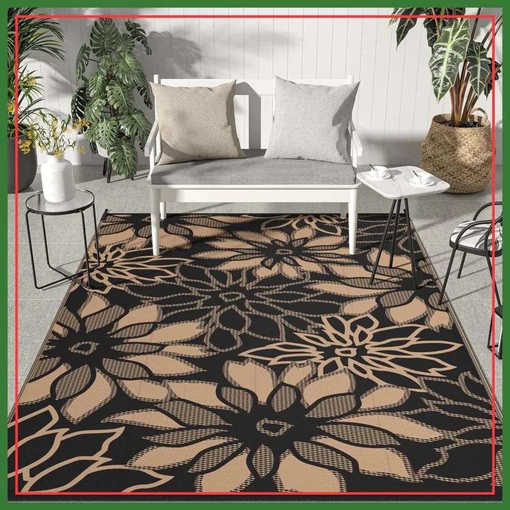 Tappeto da Esterno Reversibile in Plastica Effetto Paglia Floreale 9'x12', Impermeabile per Patio, Camper, Terrazza, Nero e Marrone