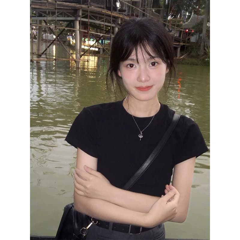 Pure Cotton Black Short Sleeve T-Shirt Women's Summer Casual Basic Style Slimming Top Trendy Commute Style round Neck