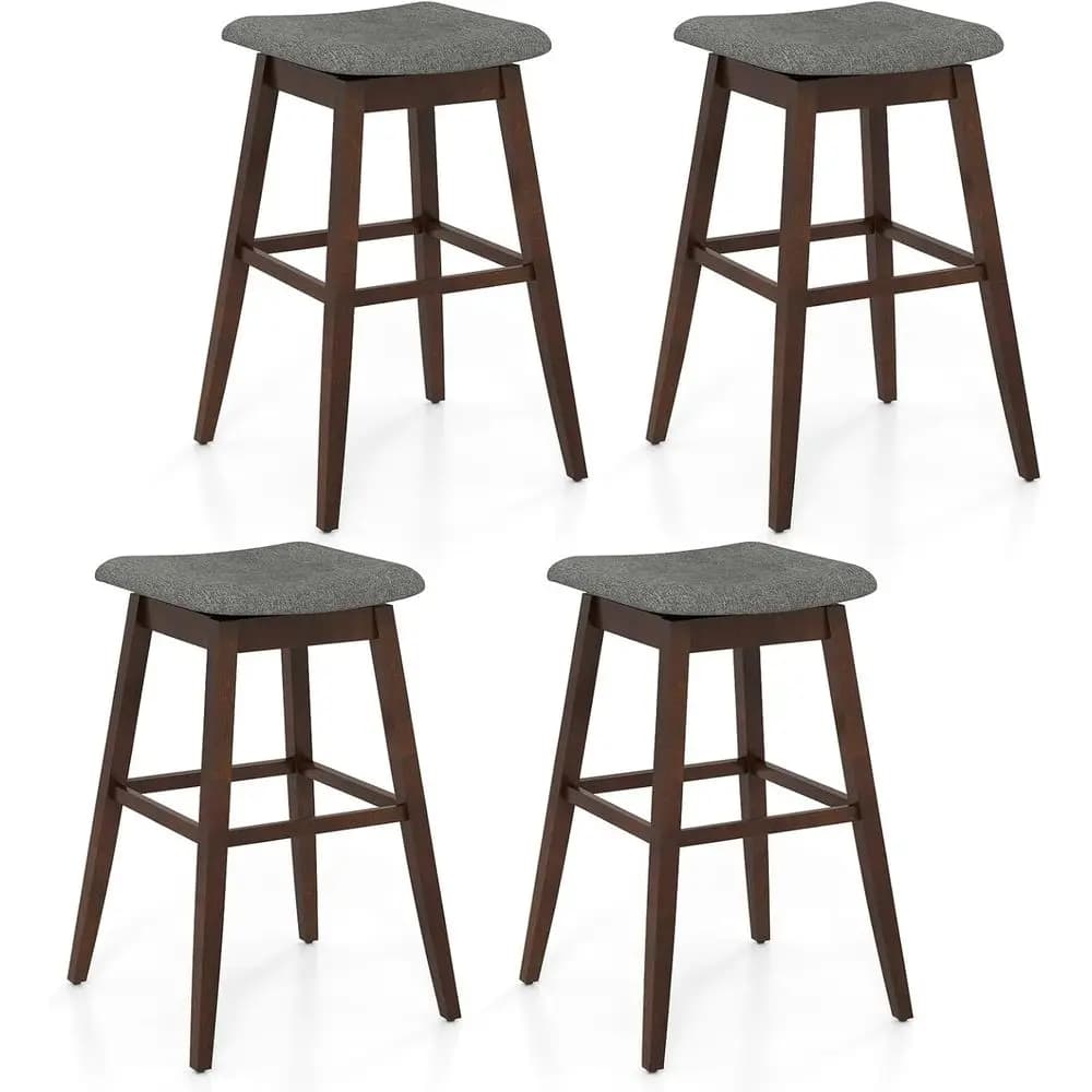Set di 4 Sgabelli da Bar Girevoli con Sedute Imbottite, Gambe in Legno di Gomma, Poggiapiedi, Tessuto in Lino Grigio e Marrone per Bancone Cucina