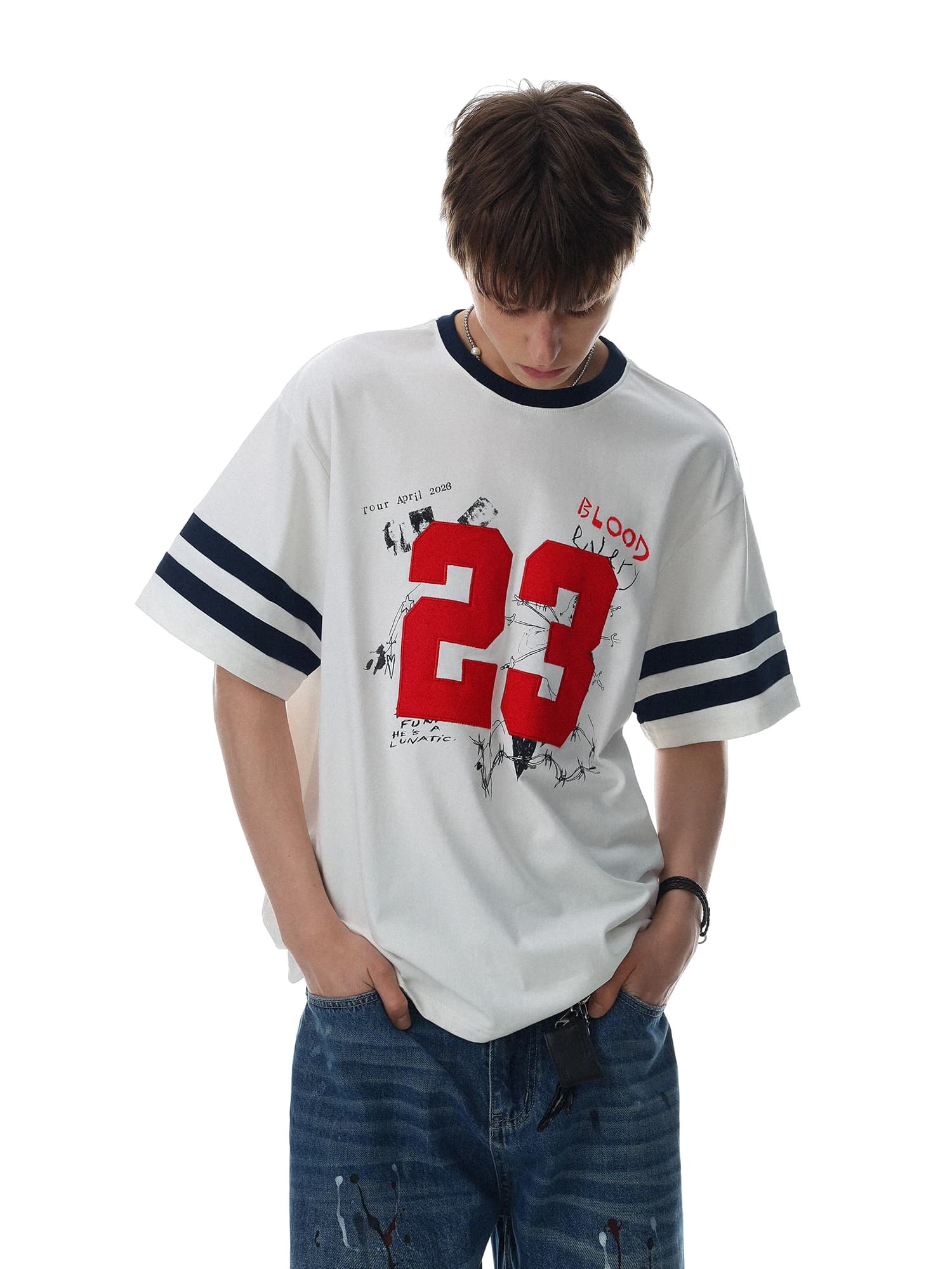 Loose Fit Men's T-Shirt Short Sleeve Embroidered Color Block round Neck American Retro Style Street Sports Fashion Cotton Blend