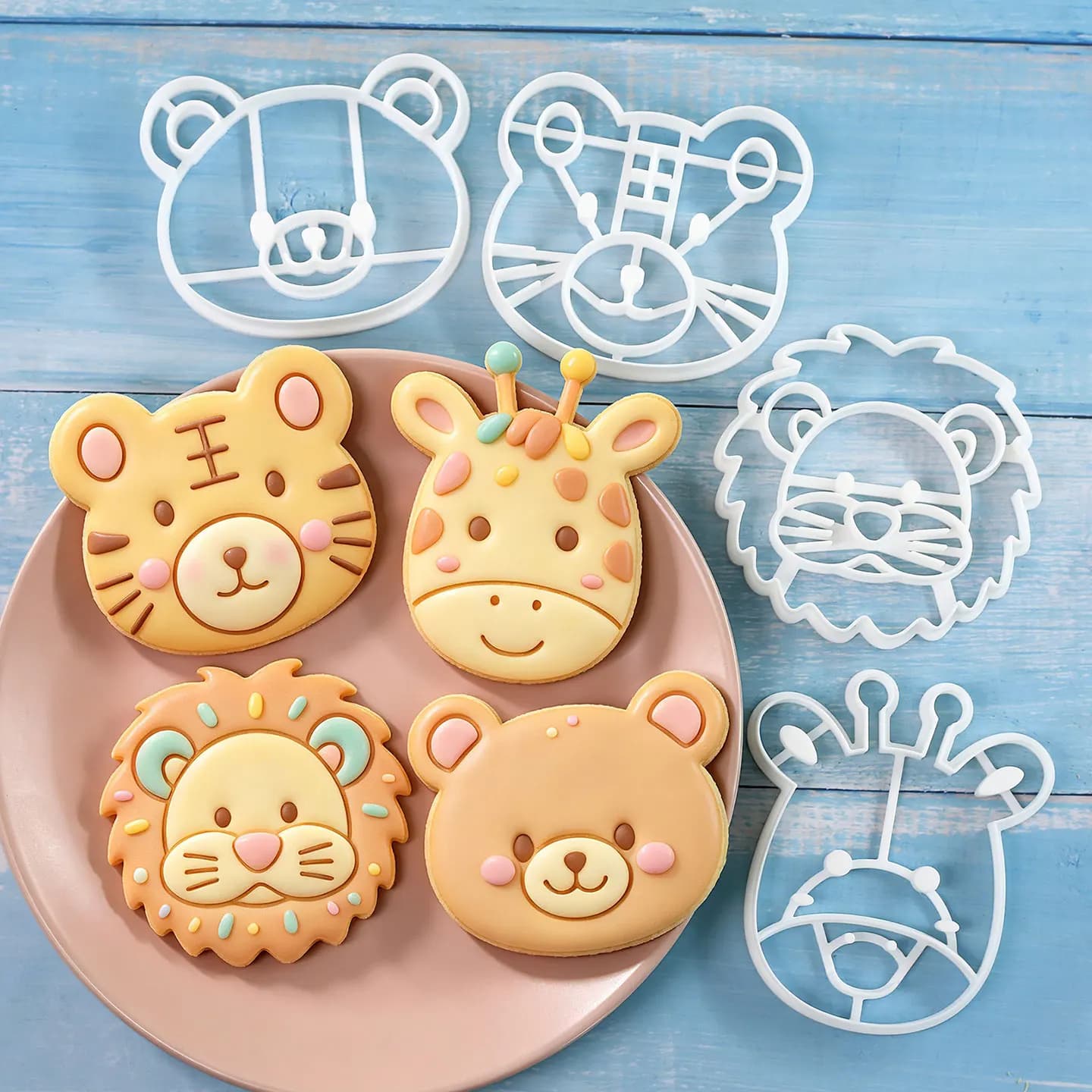 4 Pcs Animal Cookie Cutters Set 3D Cute Lion Tiger Giraffe Bear Baking Tools for Pastry Cake Pie Cupcakes Home Kitchen