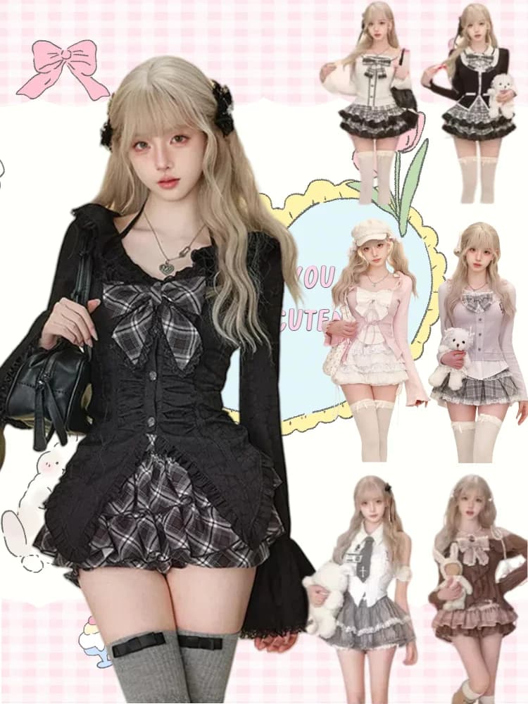 Set da 2 pezzi stile dolce preppy giapponese da donna top con fiocco patchwork in pizzo Kawaii + minigonna scozzese Y2k abiti eleganti alla moda nuovi
