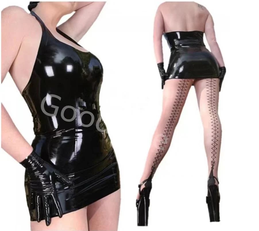 Natural Sleeveless Latex Neck Halter Rubber Gummi Catsuit Women Dress Mini Skirts No Gloves No Stocking Fitted