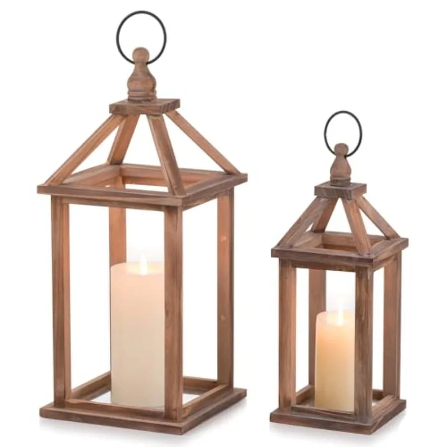 Lanterna in Legno Stile Rustico - Set di 2 Lanterne Decorative da 12"/16" Portacandele per Arredamento Casa e Centrotavola Matrimonio