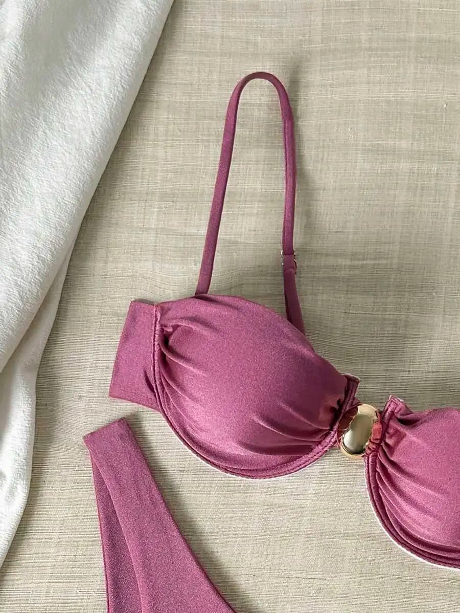 Set bikini da donna con top a fascia sottile e slip a triangolo, tinta unita, per l'estate
