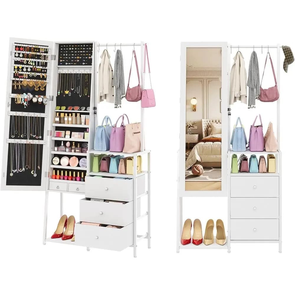3-Drawer Lockable Armoire with Shelves for Handbags, Shoes, and 47 Mirrored Standing Clothes Rack (White)