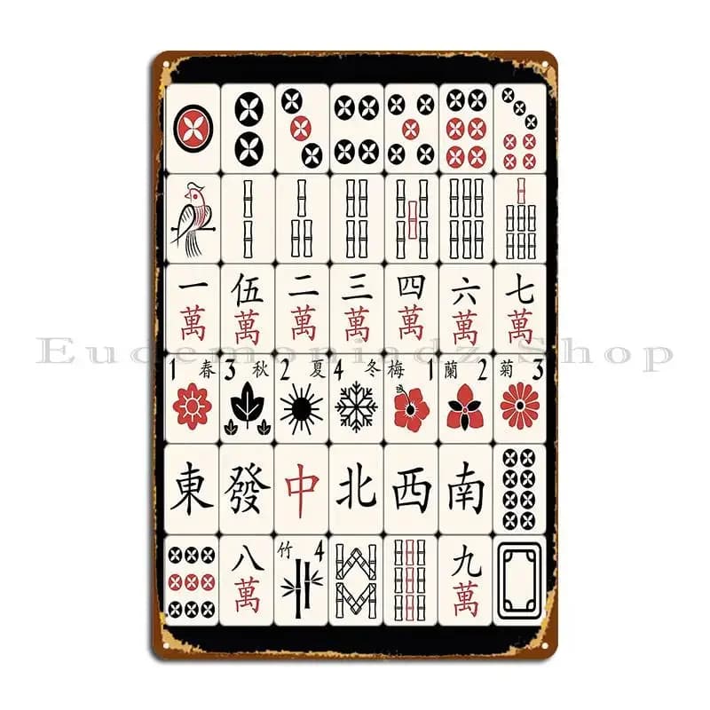 Poster in Metallo con Design a Motivi Mahjong, Targa Vintage Classica Personalizzabile, Insegna in Latta per Cucina