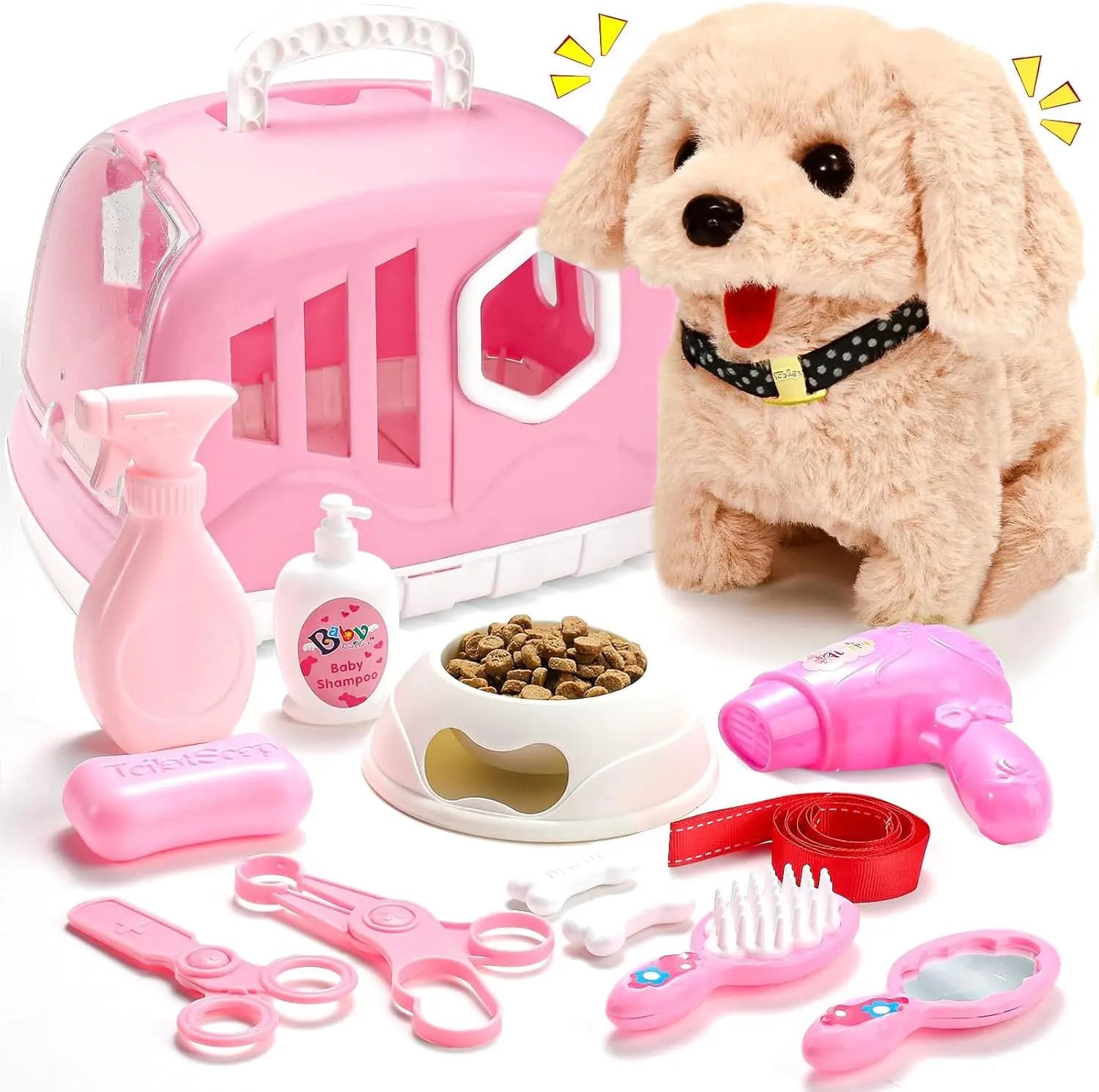 Set di 14 Giocattoli per Bambini a Forma di Cane, Cucciolo Elettronico Interattivo che Cammina e Abbaia con Borsa e Accessori, Set Giocattoli per la Cura degli Animali Domestici