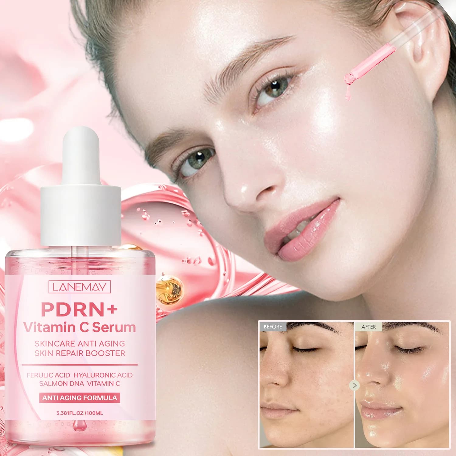 PDRN + Vitamin C Facial Serum with Hyaluronic Acid Salmon DNA – Anti-Aging Skin Repair Booster Drops to Improve Firmness.