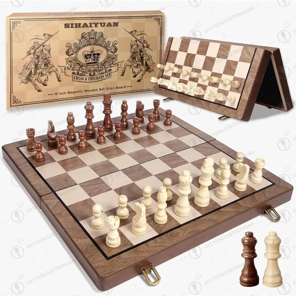 Scacchiera magnetica in legno da 15'', set di scacchi da viaggio per adulti, gioco da tavolo per scacchi e dama 2 in 1
