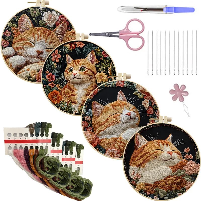 Set di Materiali per Kit di Ricamo Non Finito, Motivo 3D di Gatto Carino, Set Fai-da-Te per Lavori a Mano, Punto Croce, con Filo e Strumenti, Regalo