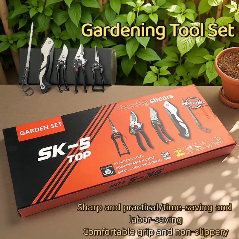 Set di 5 Attrezzi da Giardinaggio con Cesoie, Sega Pieghevole, Kit per Piantare Fiori per Giardino Domestico, Utensili in Acciaio Resistente