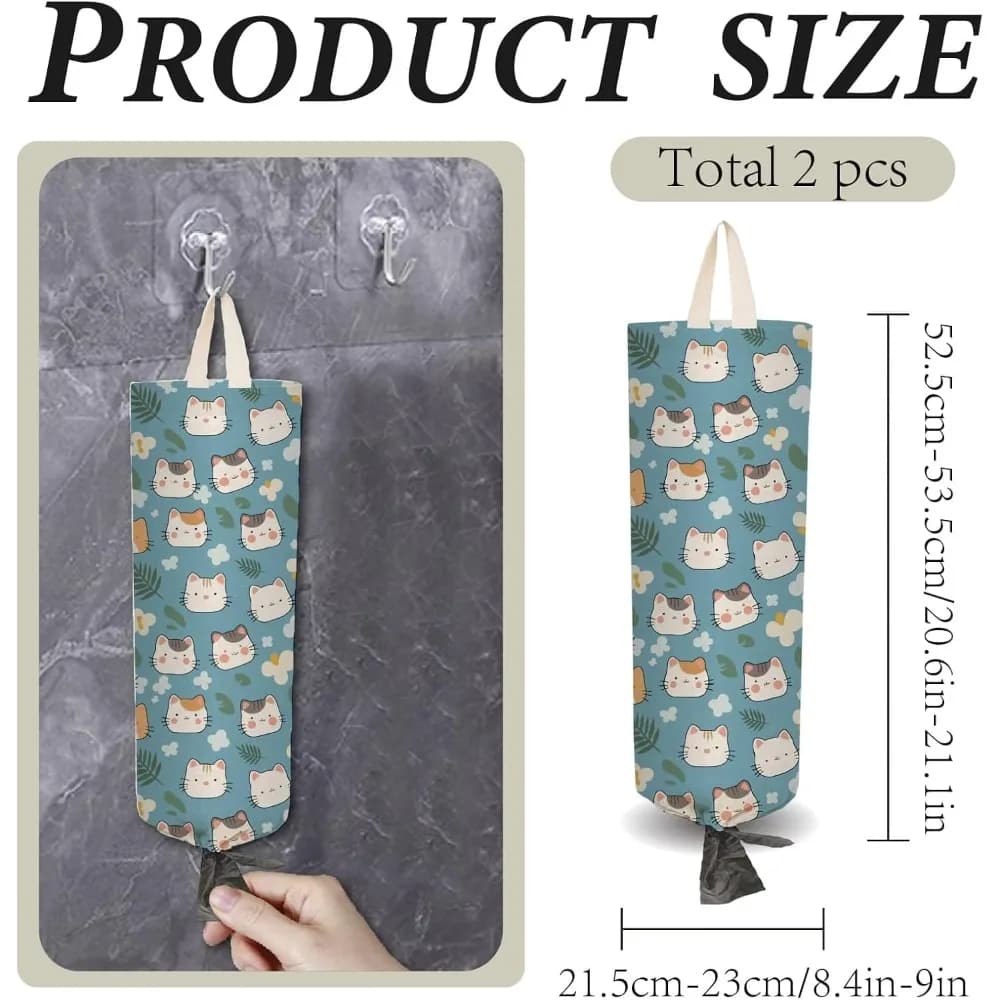 2Pcs Cloth Plastic Bag Holder Cat Blue Theme 4 Adhesive Hook Grocery Pull Rope Free Adjustment Reusable Organizer Washable