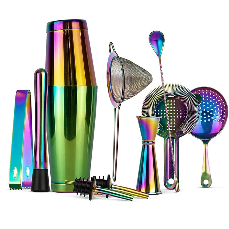 Set Bar Shaker Cocktail: 2 agitatori Boston ponderati, Set colino Cocktail, Jigger,Muddler e cucchiaio, pinza per ghiaccio e versatore di 2 bottiglie