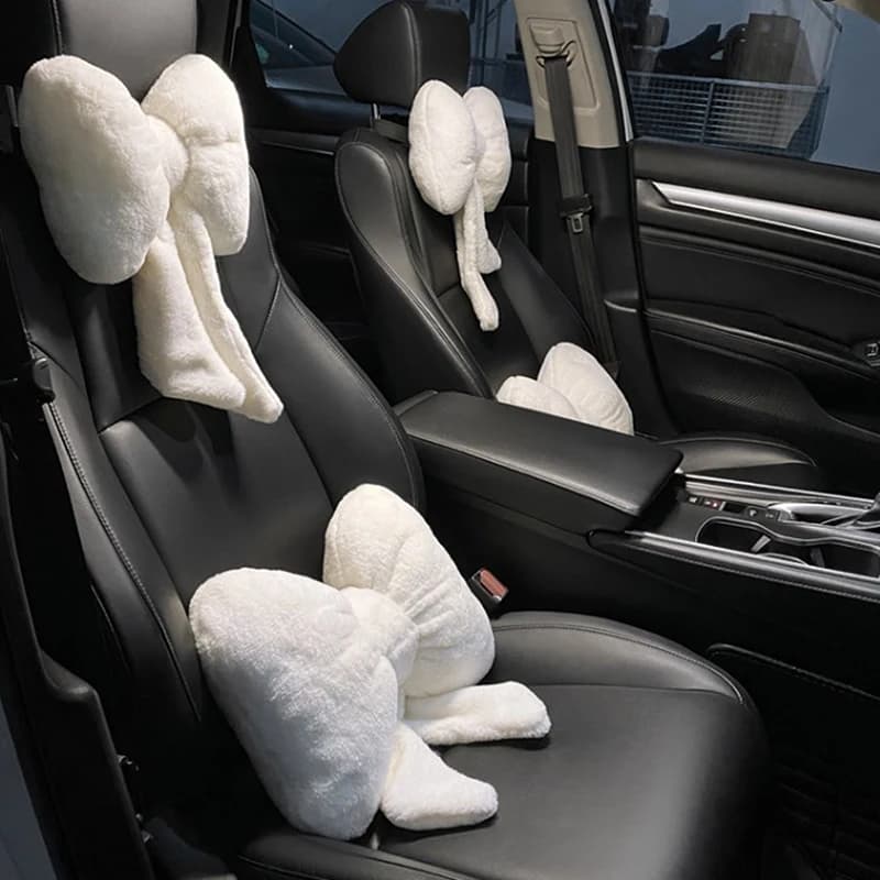 Cuscino per poggiatesta per auto Bowknot Bellissimo supporto per la testa del sedile automatico Cuscino per protezione del collo Peluche Automobiles Kit per auto per poggiatesta lombare