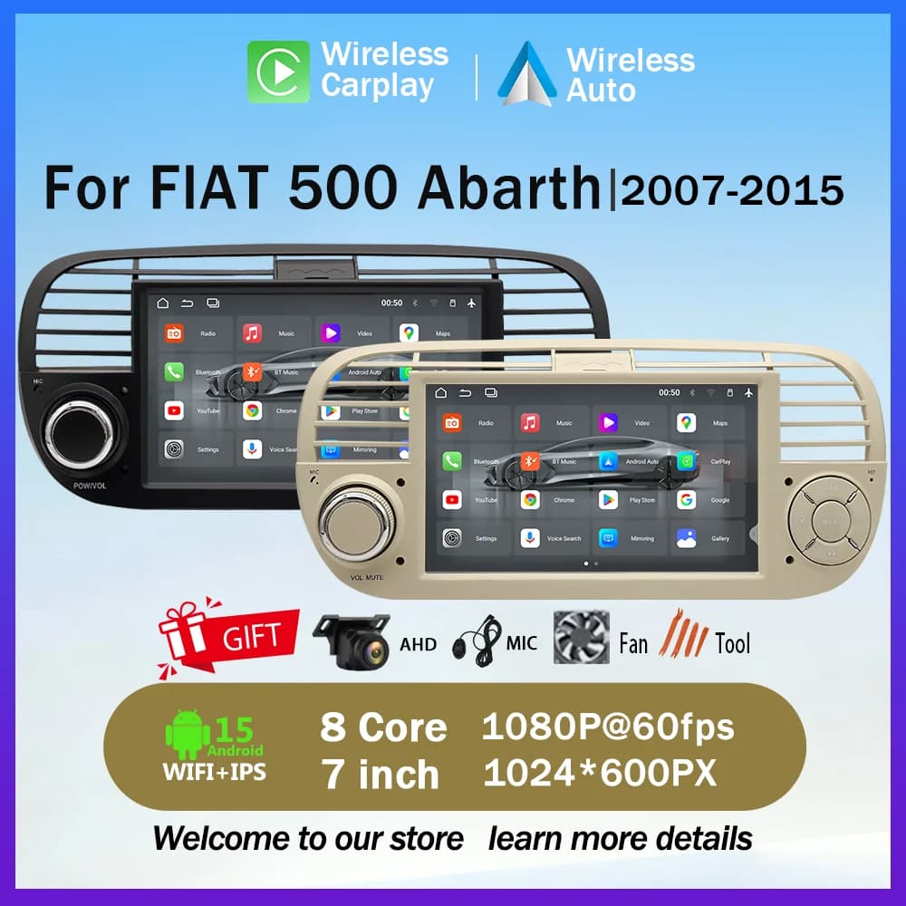 Sistema audio per auto FIAT 500 da 7 pollici con Carplay wireless, lettore multimediale per auto con sistema Android, navigazione GPS e funzione Wi-Fi