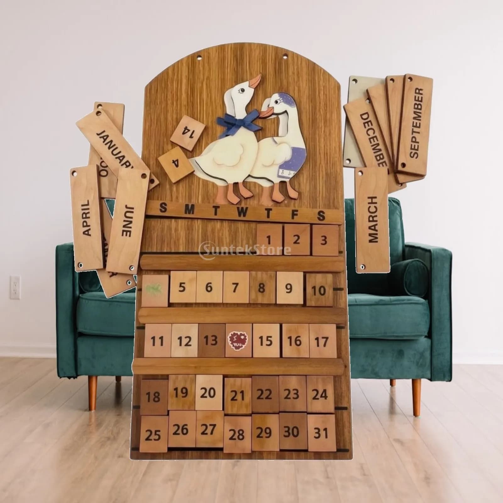 Wooden Block Calendar Rustic Wooden Perpetual Calendar Decor Vintage-Inspired Interchangeable for Families, Living Room