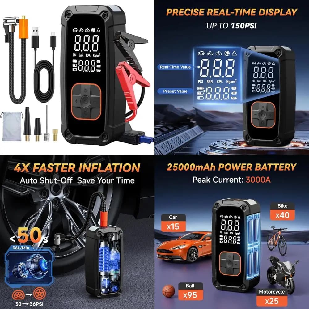 Gonfiatore portatile per pneumatici senza fili da 150 PSI per auto, biciclette, motocicli e altro ancora con manometro integrato