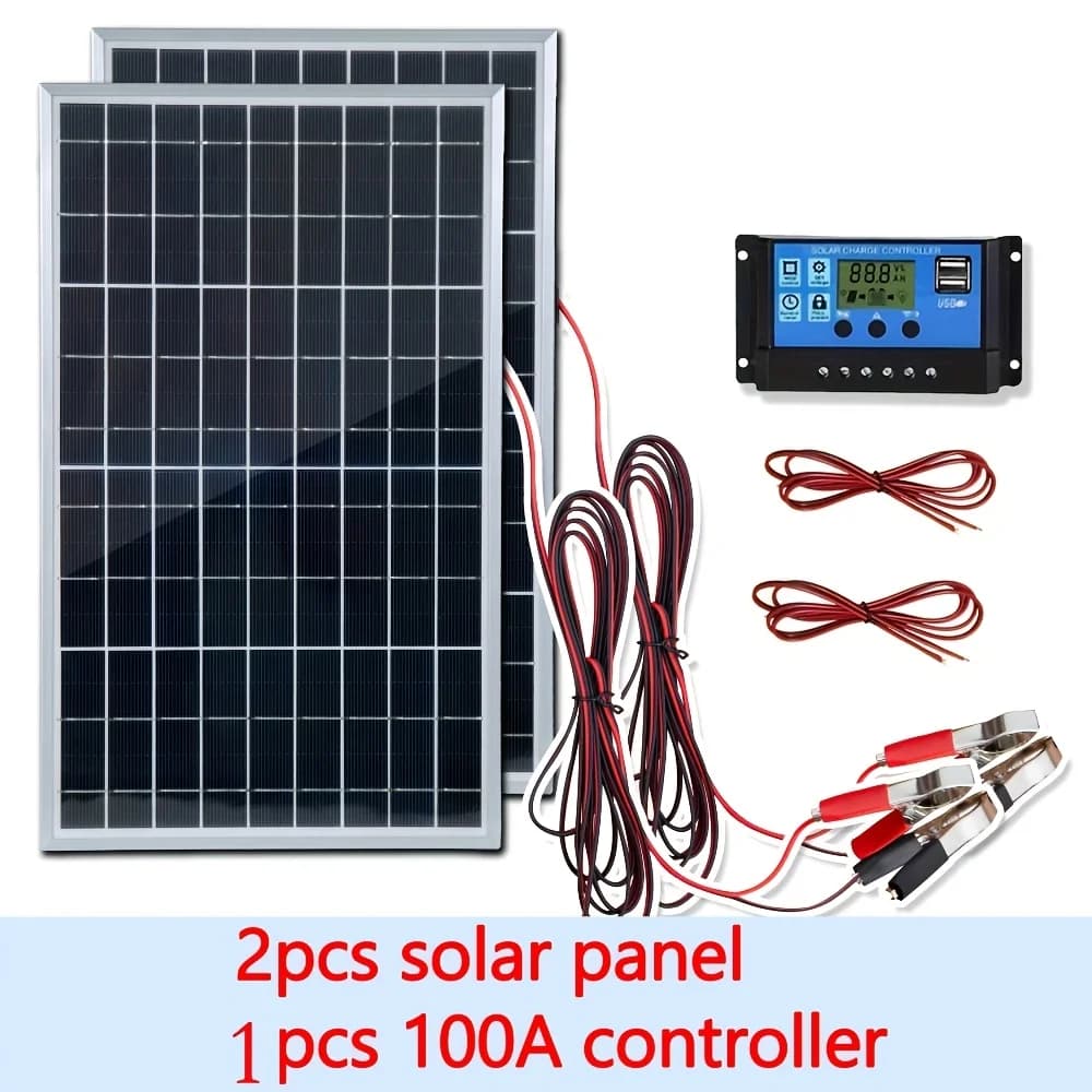 12V Solar Panel Kit 1pc/2pcs With 100A Charge Controller High Efficiency Portable Panels For RV Marine Home Off Grid System Lightweight Includes Cables And Clips