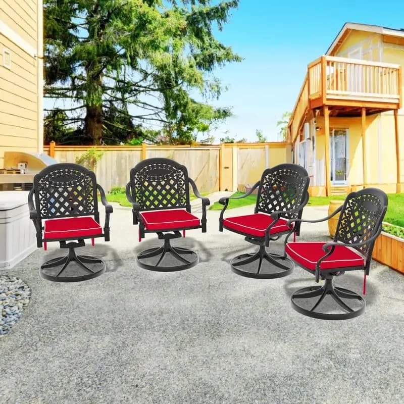 Set of 4-piece swivel patio chairs, black structure with red cushions