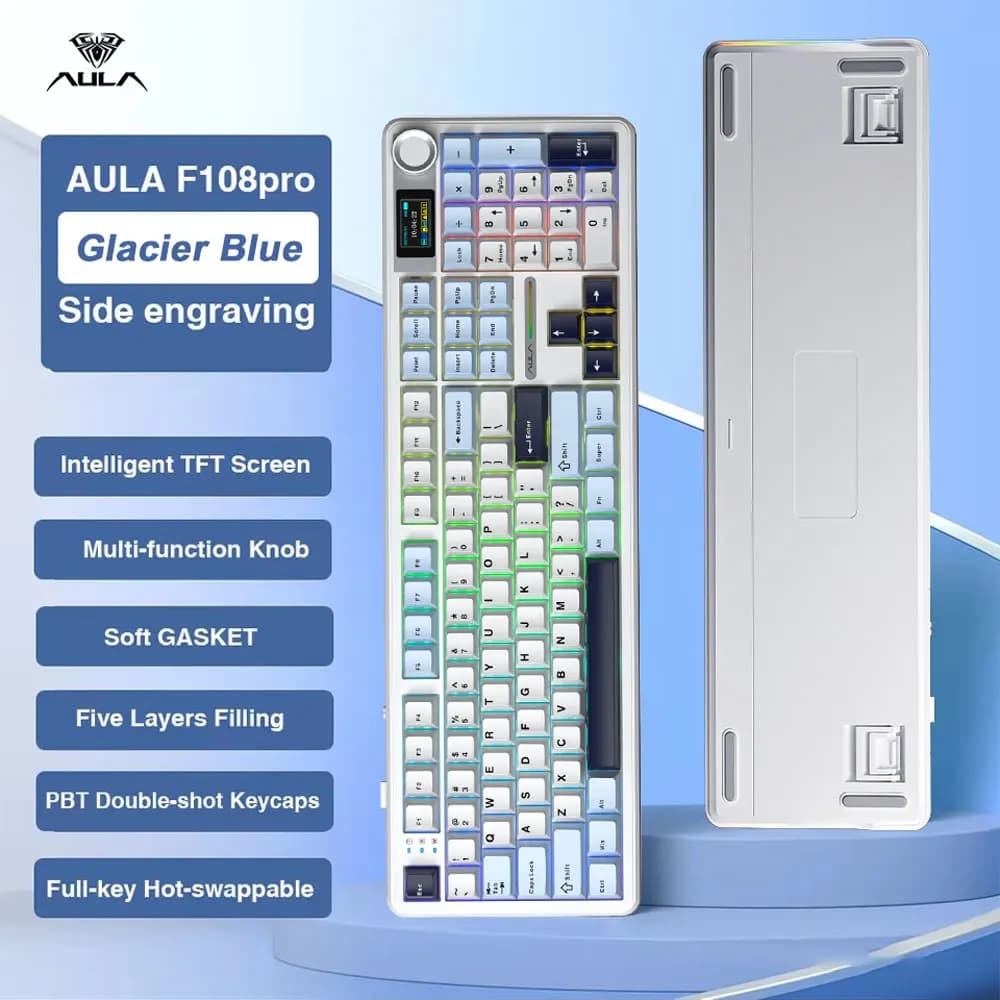 AULA F108 Pro Gaming Tastiera meccanica Tri Mode Schermo multi-manopola personalizzato Tastiera wireless RGB Esports con display intelligente TFT